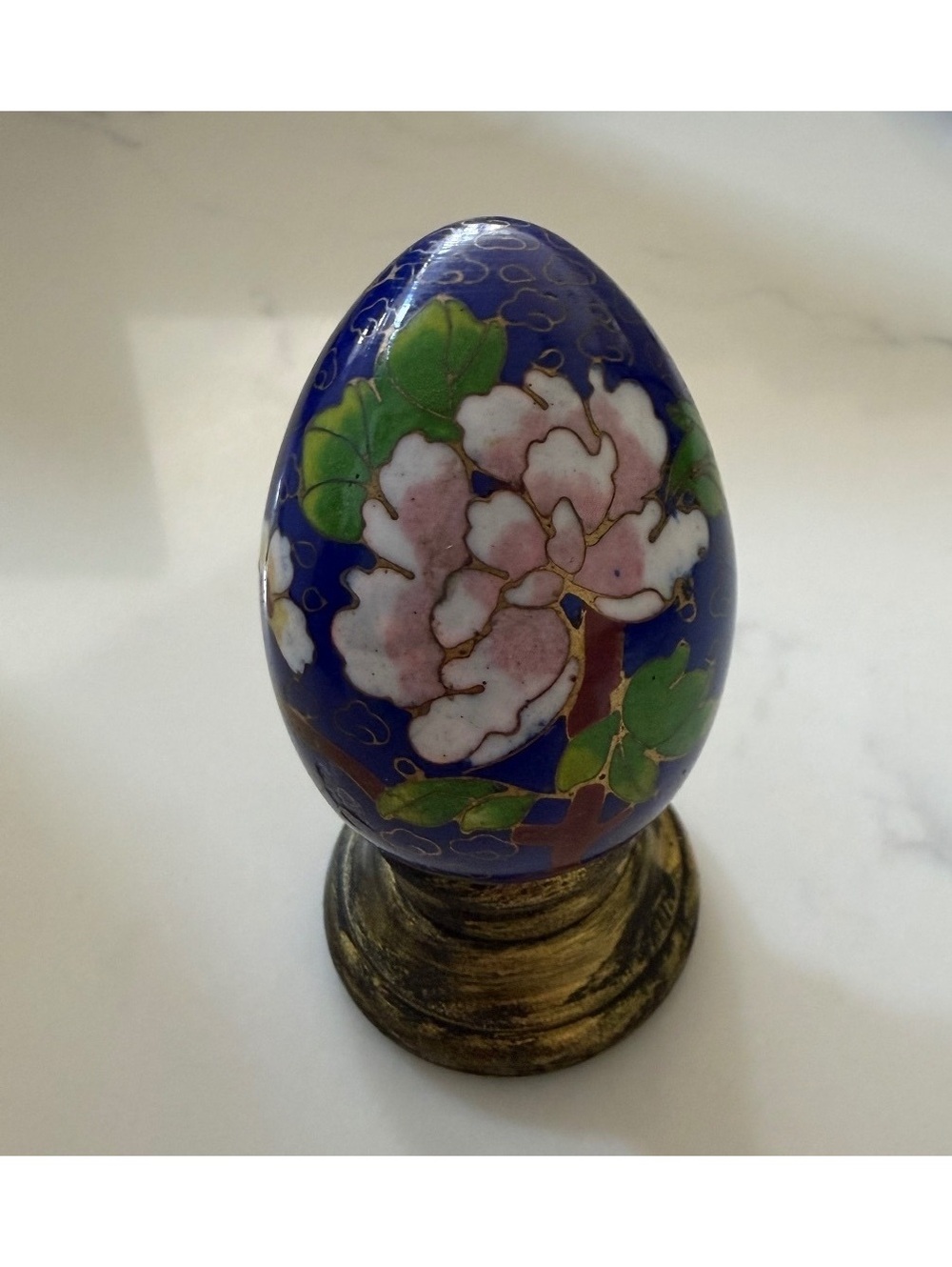 Vintage Cloisonné Enamel Egg with Floral Design on Brass Stand